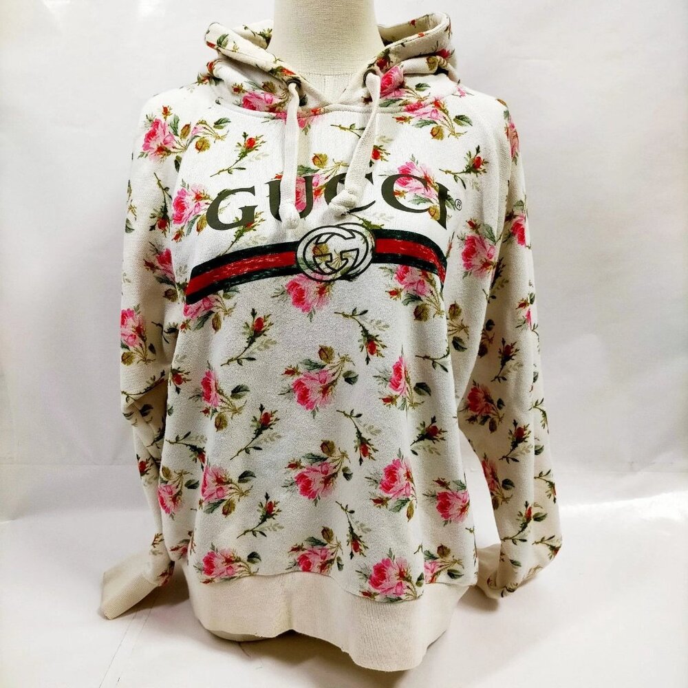 Authentic Gucci Floral Logo GG Web Stripe Cream Hoodie Sweatshirt LuxuryDesigner